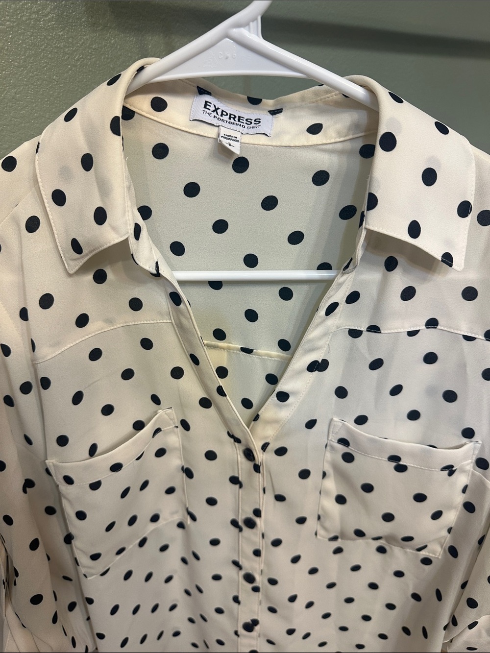 Express Cream and Black Polka Dot Button-Down Blouse
